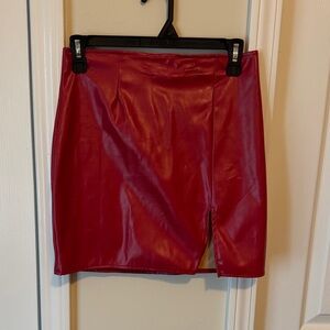 Faux Leather Red Mini Skirt with Front Slit